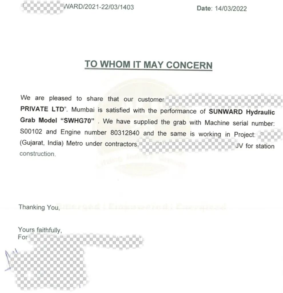 感謝信！山河智能SWHG70液壓抓斗助力海外基礎(chǔ)施工獲肯定