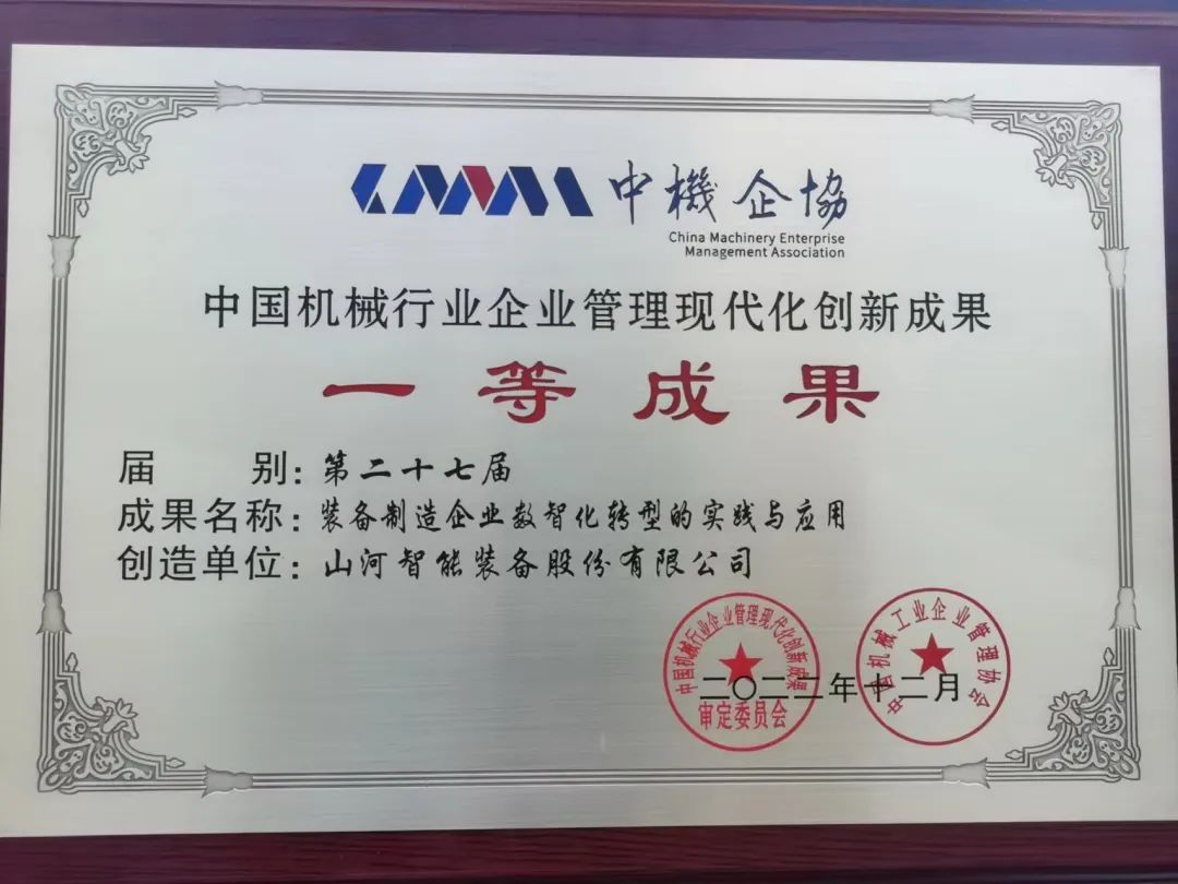 厲害！山河智能喜獲第二十七屆中國機械行業(yè)企業(yè)管理現(xiàn)代化創(chuàng)新成果一等獎