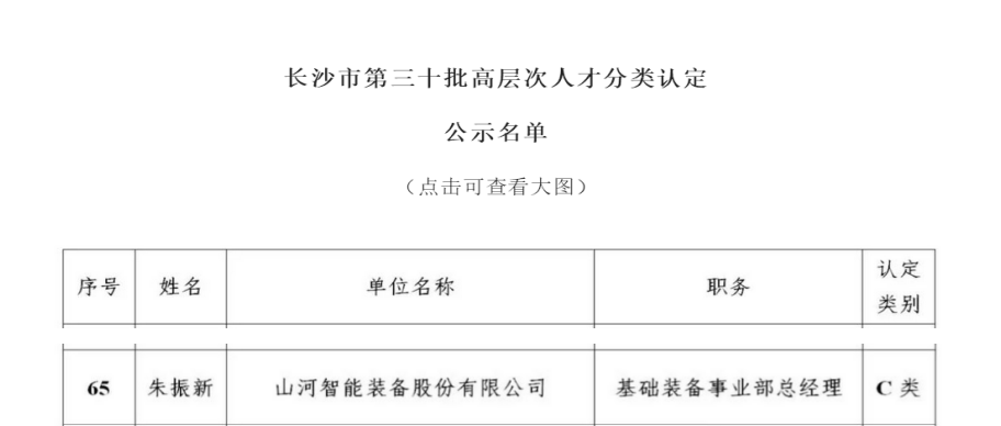 喜訊！山河智能朱振新獲評長沙市C類高層次人才