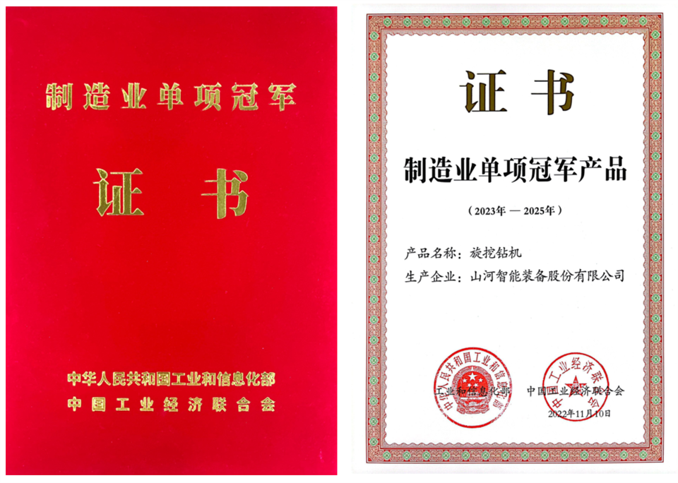 兩項(xiàng)單冠，行業(yè)唯一！山河智能兩款樁工產(chǎn)品同獲制造業(yè)單項(xiàng)冠軍
