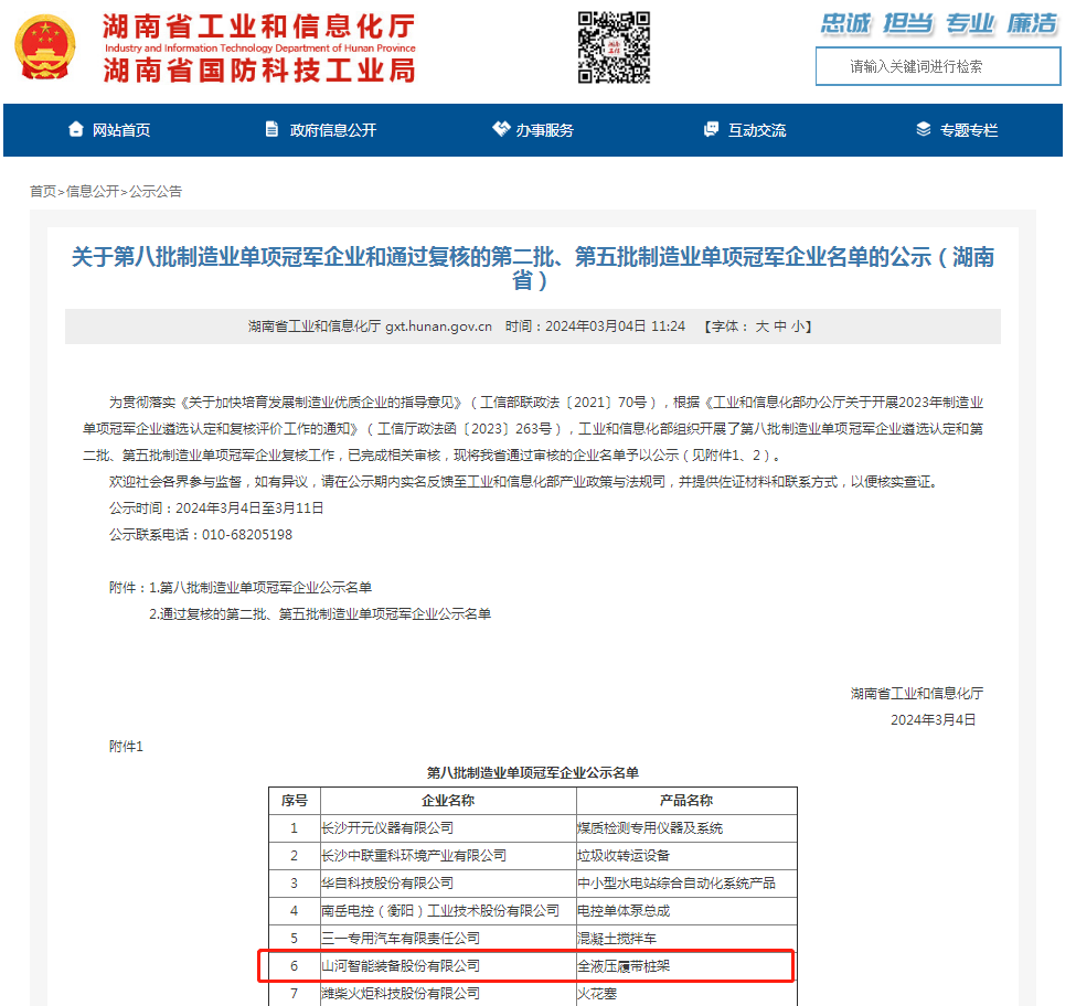 單冠三連！山河智能再獲國(guó)家制造業(yè)單項(xiàng)冠軍